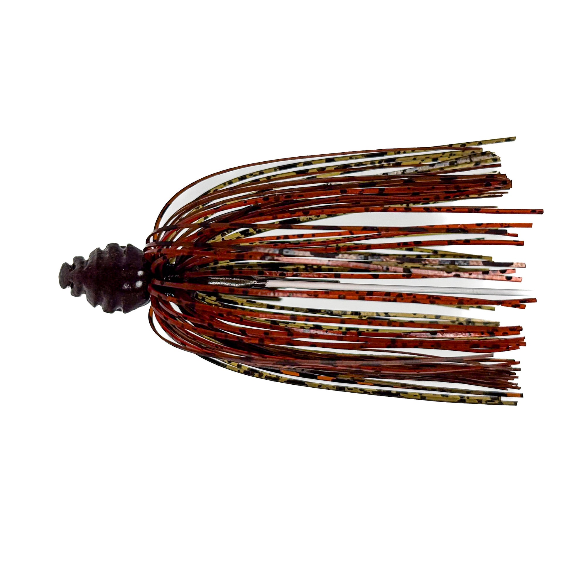 Fishing lure with brown and black pattern on a white background