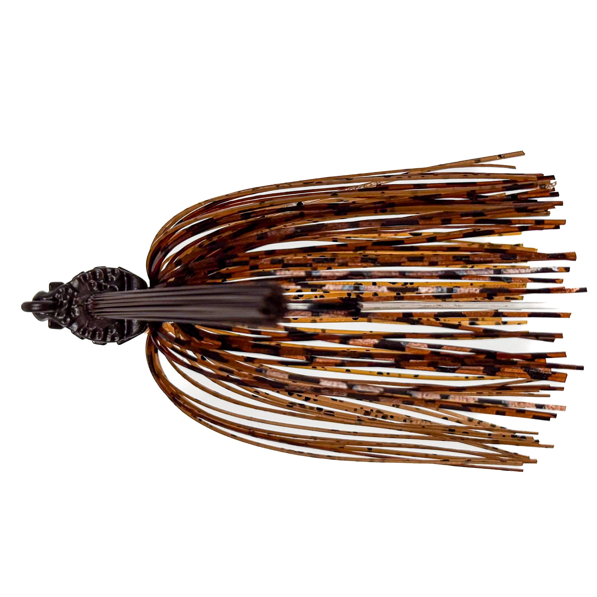 Fishing lure with brown and black pattern on a white background