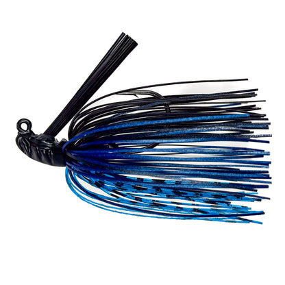 Fishing lure with blue and black details on a white background