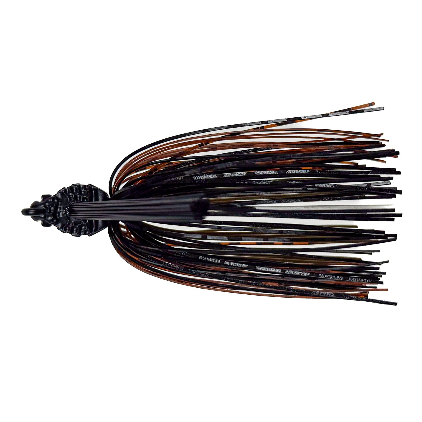 Fishing lure with black and brown color pattern on a white background