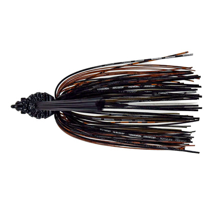 Fishing lure with black and brown color pattern on a white background