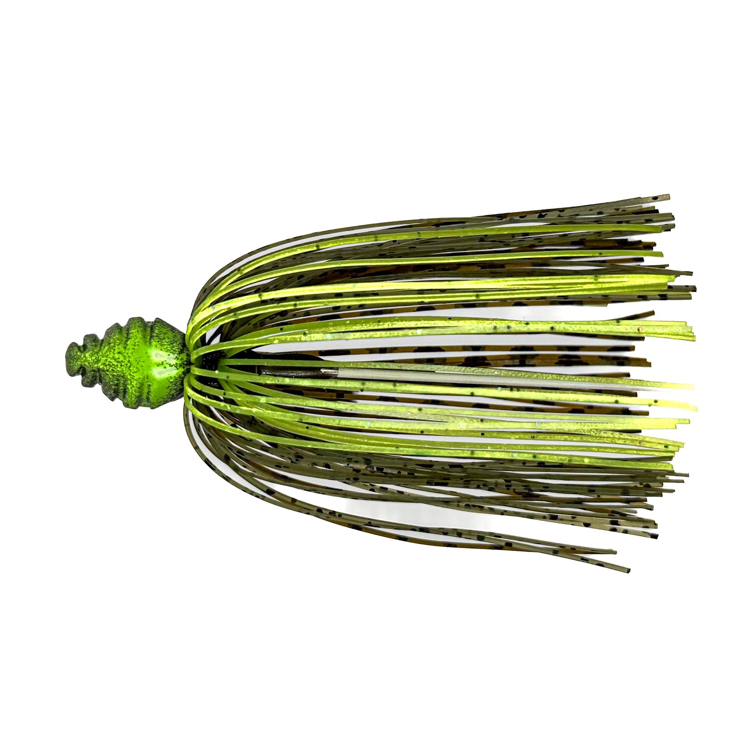 Green and black fishing lure on a white background