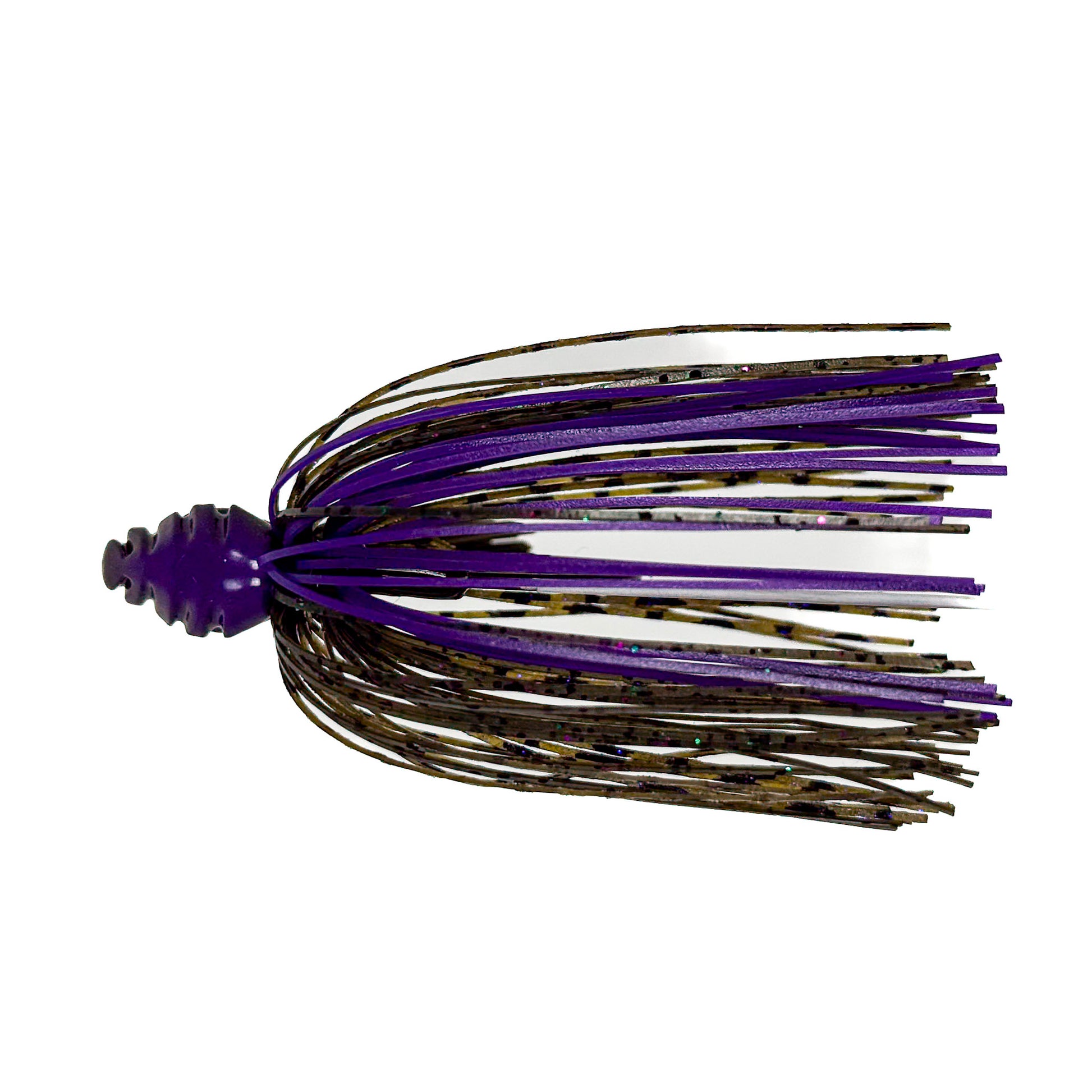 Fishing lure with purple, white, and black colors on a white background