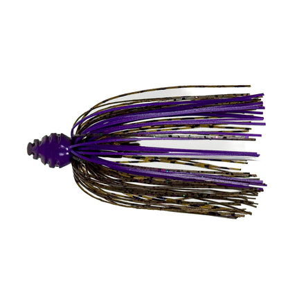 Fishing lure with purple, white, and black colors on a white background