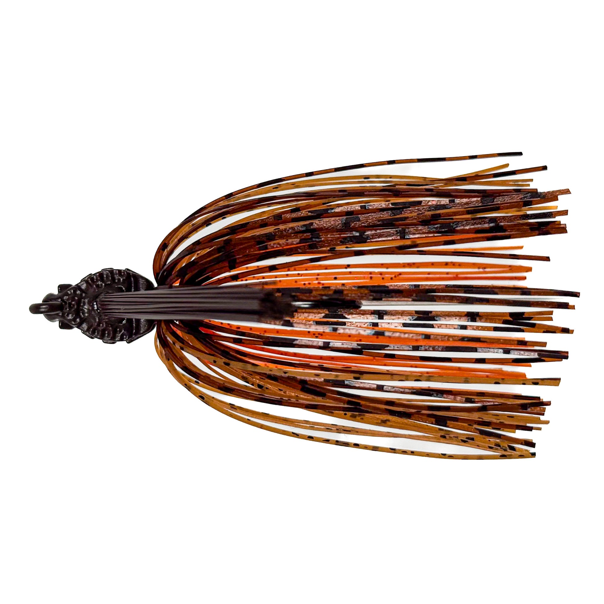 Fishing lure with brown and black color pattern on a white background