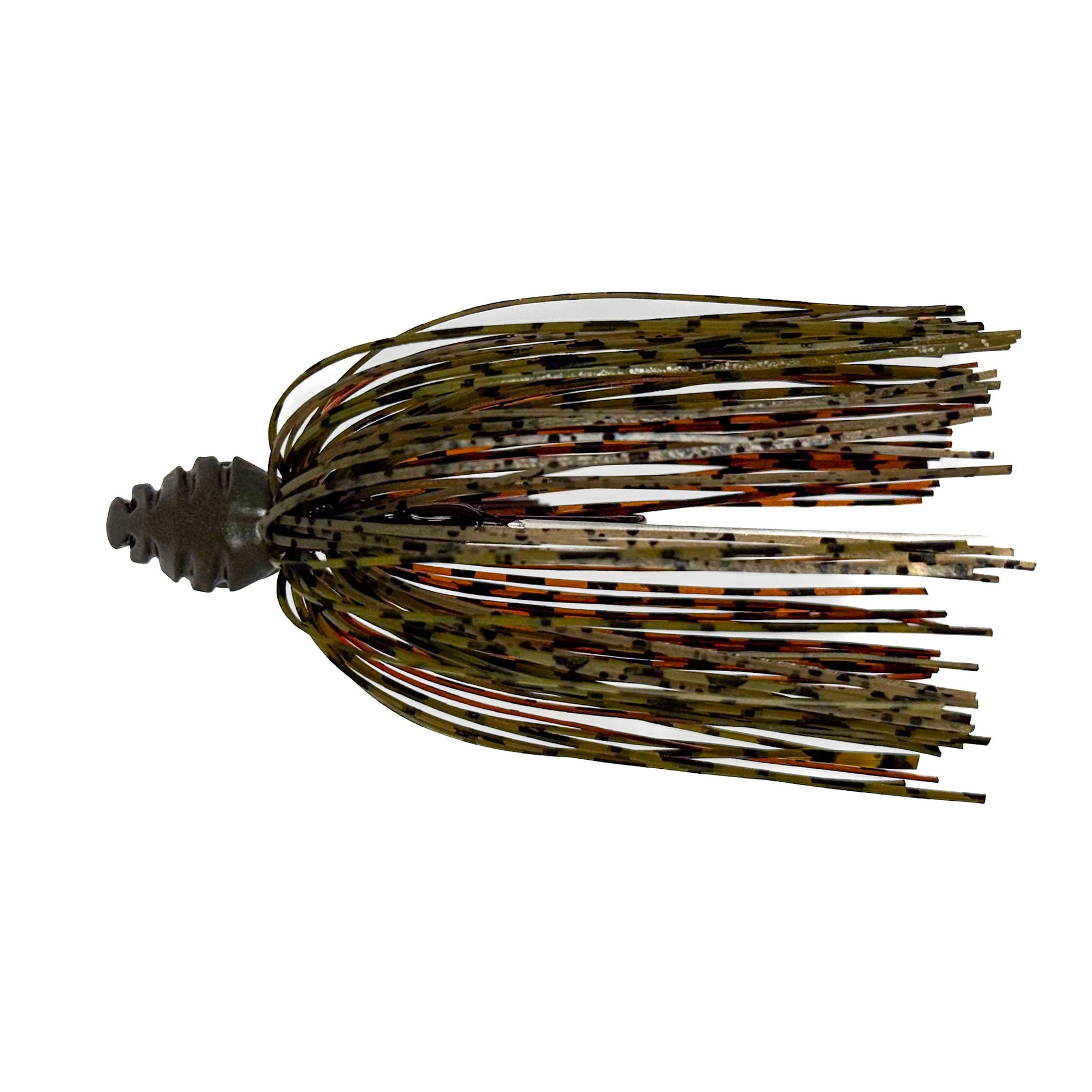 Fishing lure with a camouflaged pattern on a white background