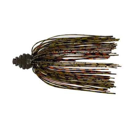 Fishing lure with a camouflaged pattern on a white background
