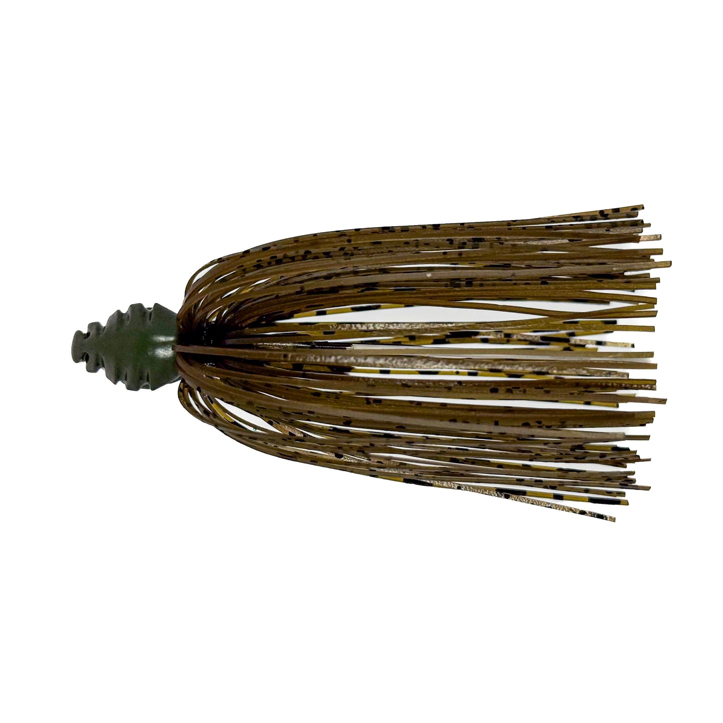 Fishing lure with a green and brown pattern on a white background