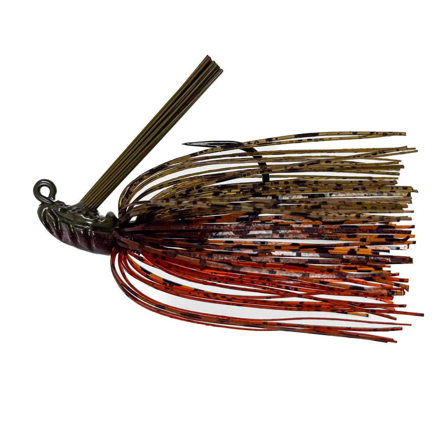 Fishing lure with a camouflaged body and treble hook on a white background