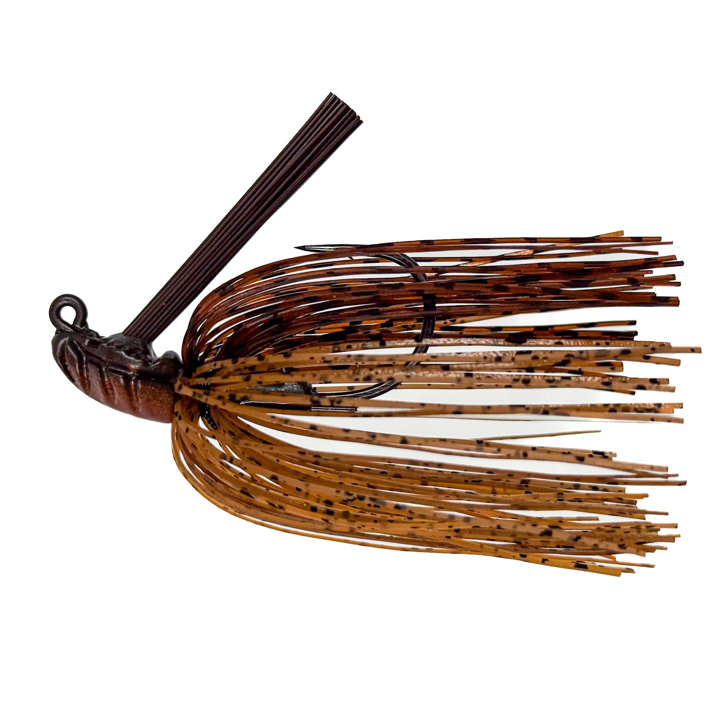 Brown and black fishing lure on a white background