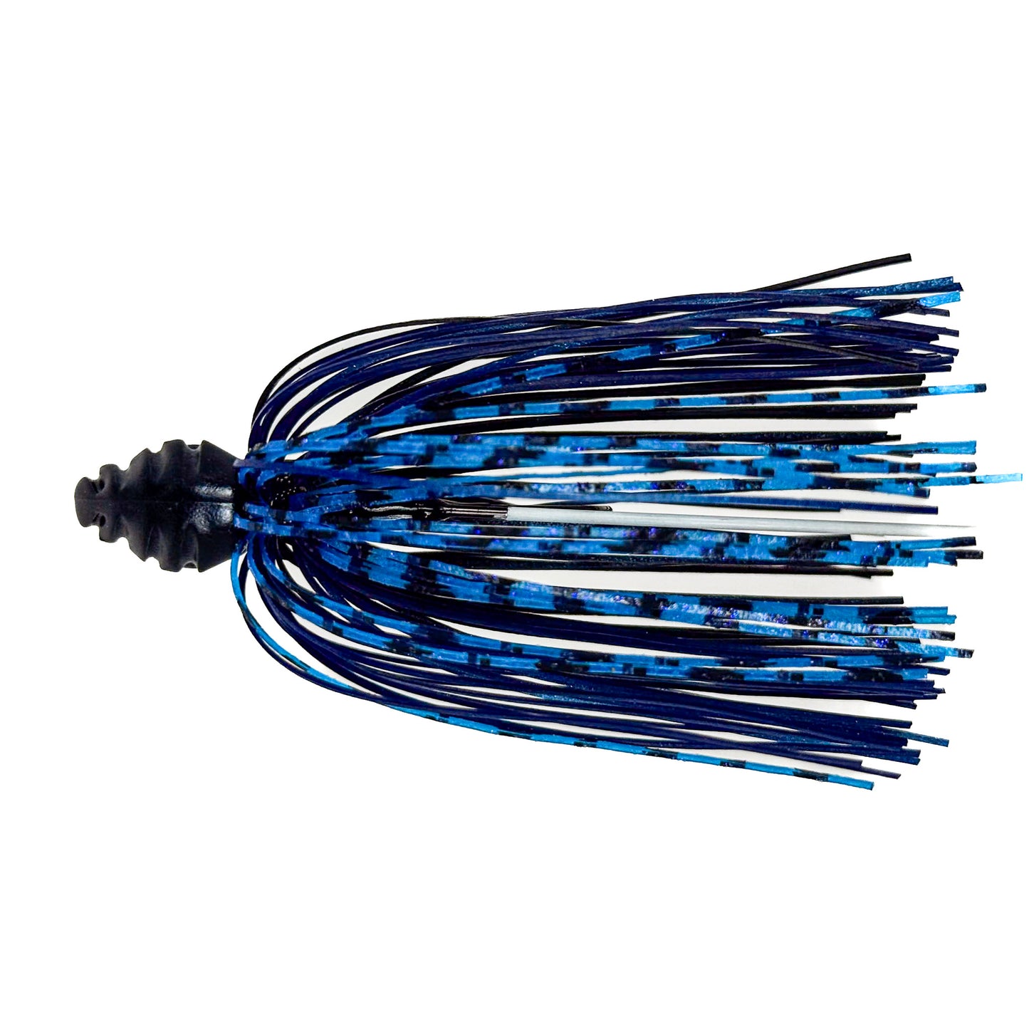 Fishing lure with blue and black skirt on a white background