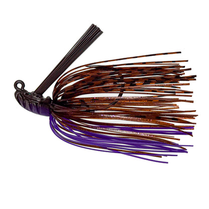 Fishing lure with brown and purple skirt on a white background