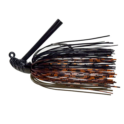 Fishing lure with black and brown skirt on a white background