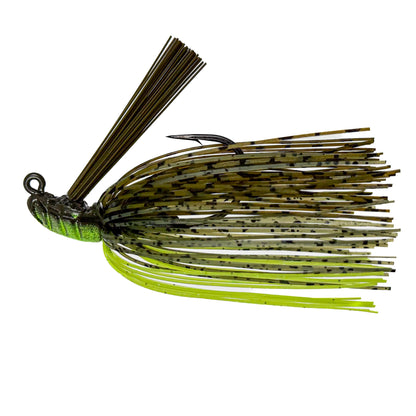 Fishing lure with green and brown colors on a white background