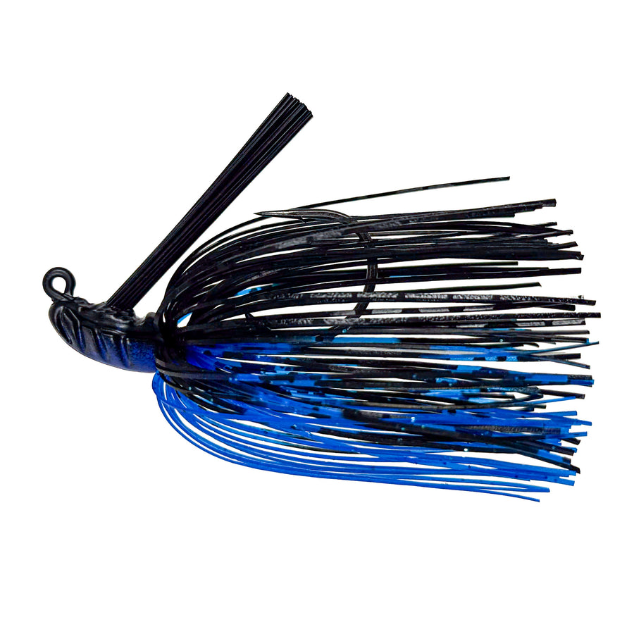 Fishing lure with black and blue details on a white background