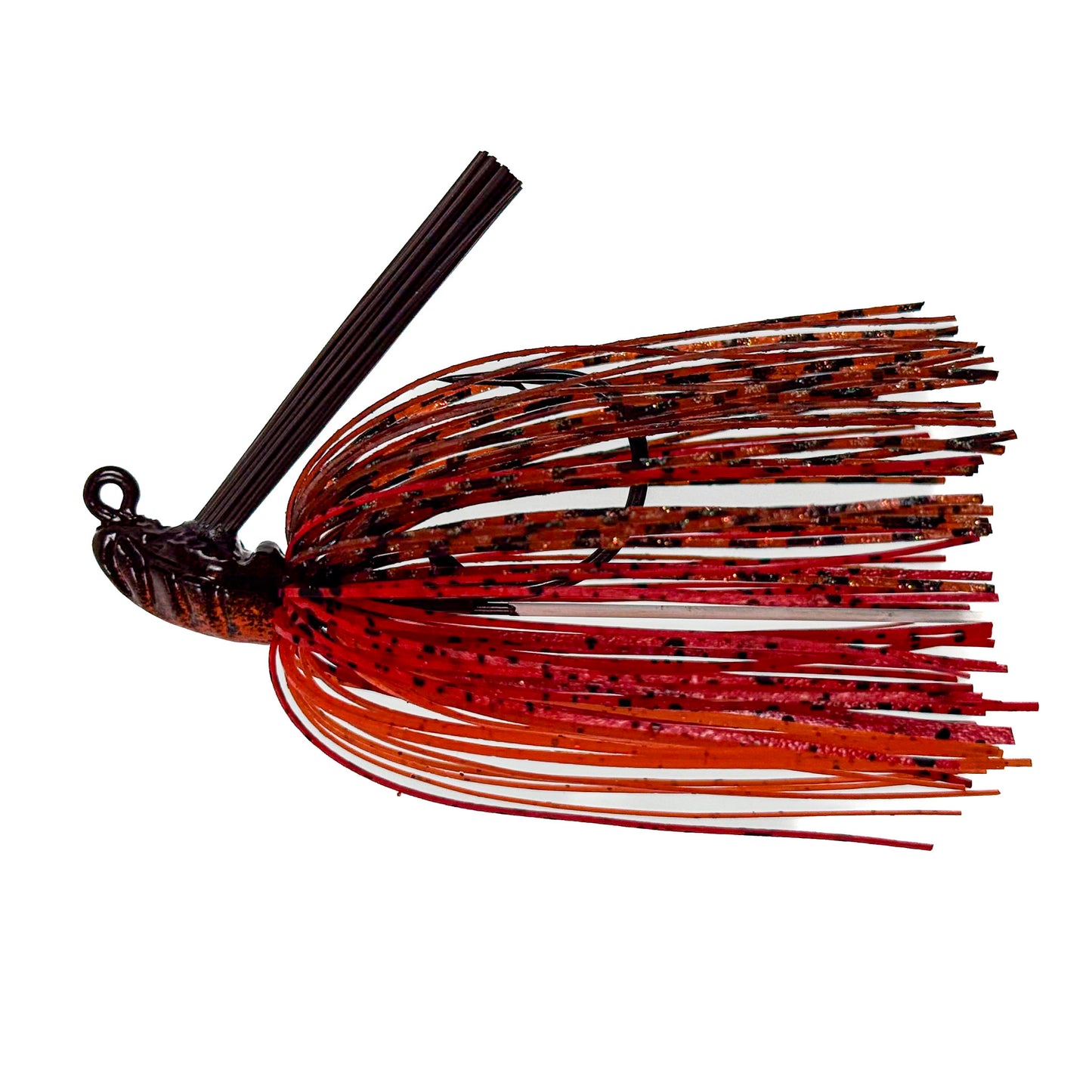Fishing lure with red and black details on a white background
