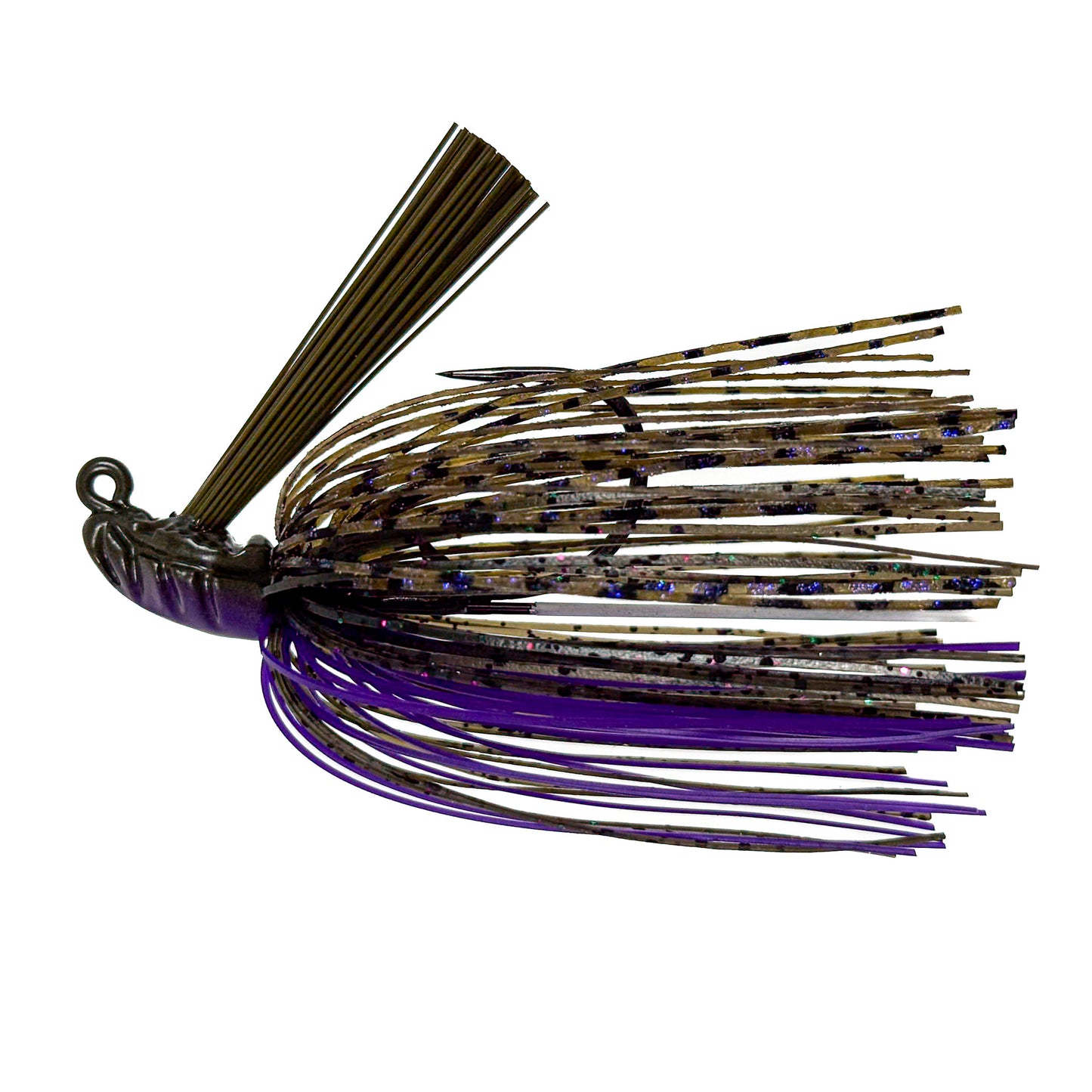 Fishing lure with purple and black skirt on a white background