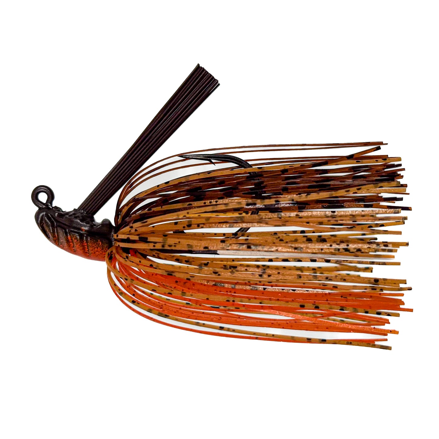 Fishing lure with brown and black color pattern on a white background