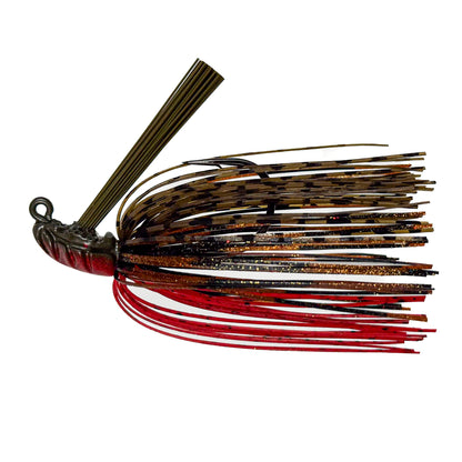 Fishing lure with red and brown details on a white background
