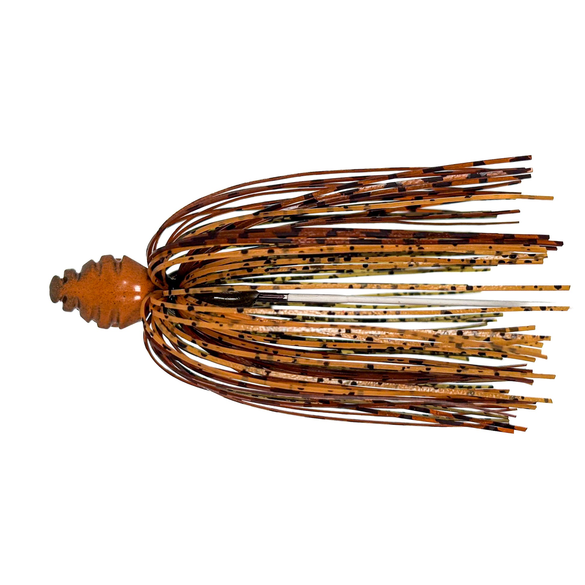 Fishing lure with a wooden body and multicolored skirt on a white background
