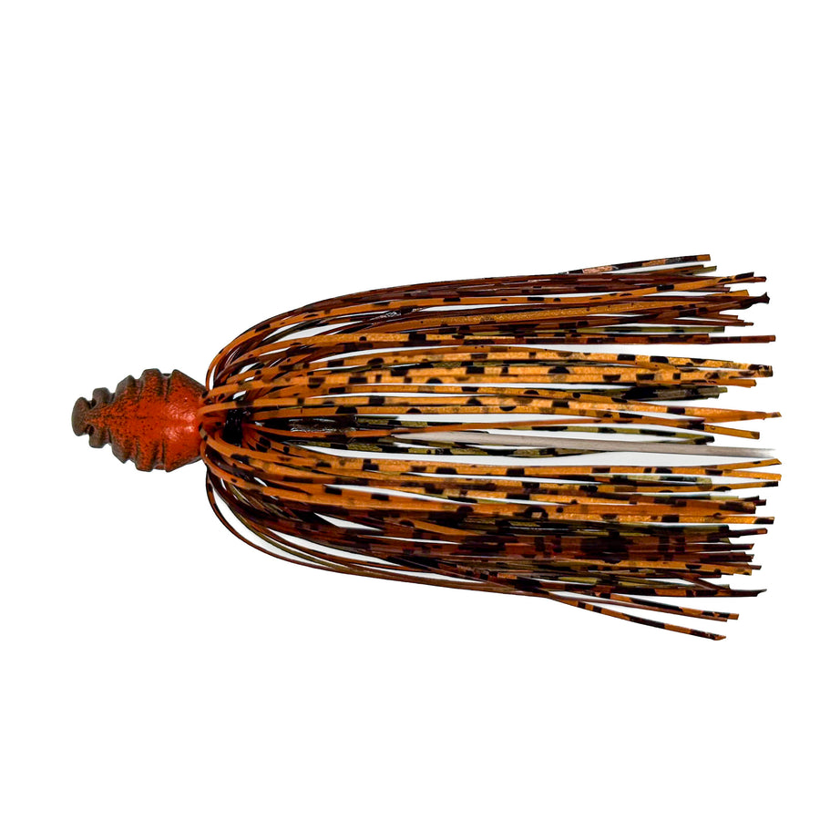 Fishing lure with brown and black pattern on a white background