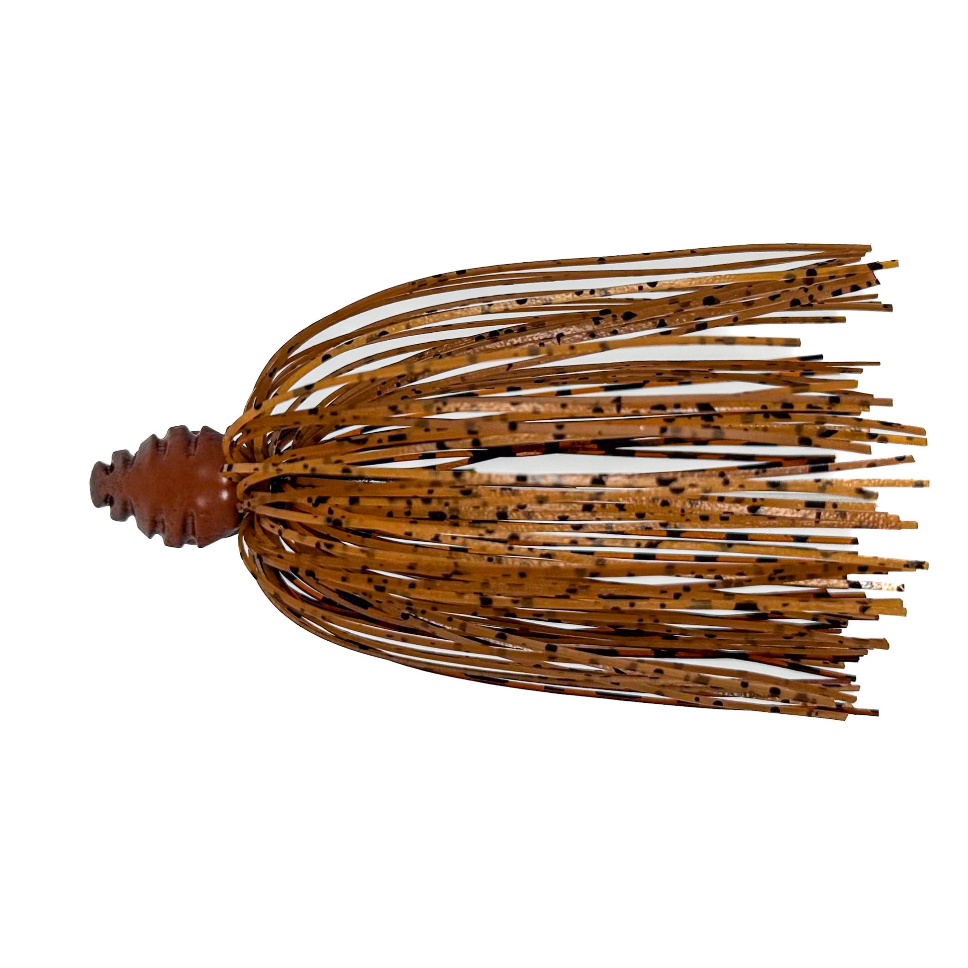 Brown and black fishing lure on a white background