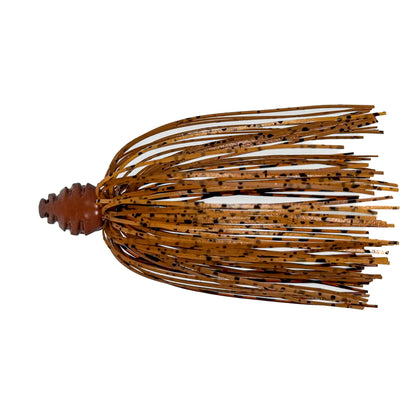 Brown and black fishing lure on a white background