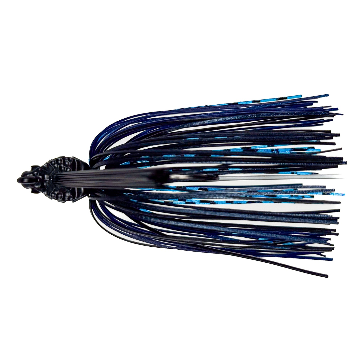 Fishing lure with black and blue skirt on a white background