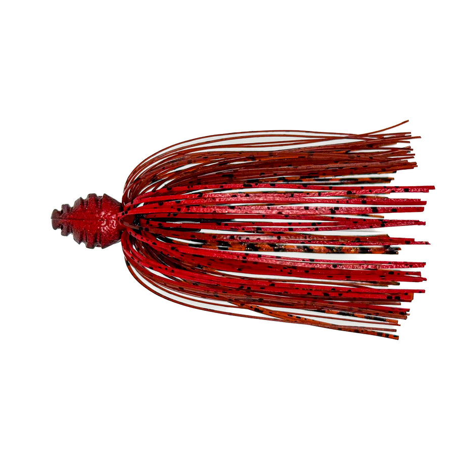 Red and brown fishing lure on a white background