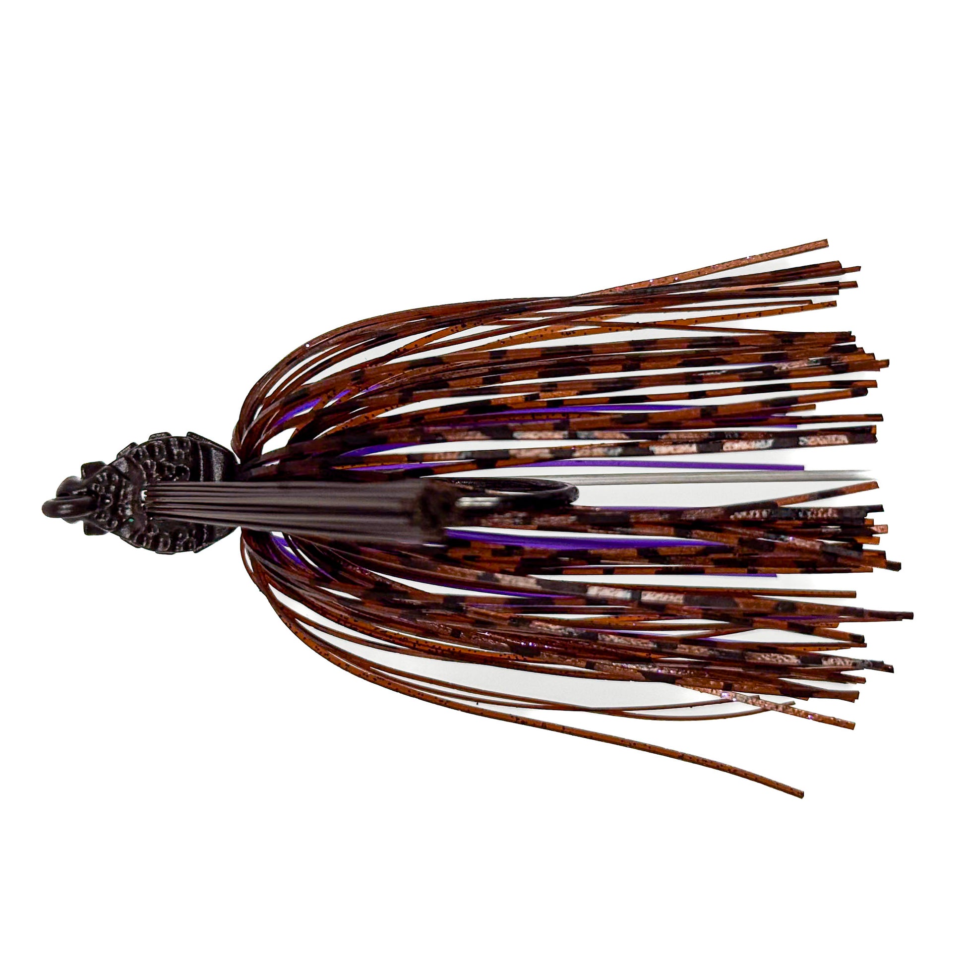 Fishing lure with brown and purple color pattern on a white background