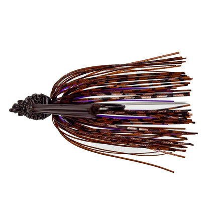 Fishing lure with brown and purple color pattern on a white background