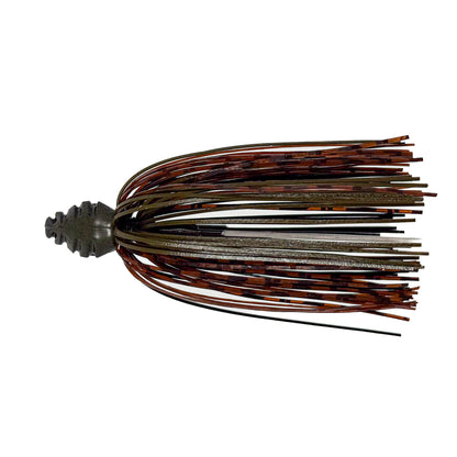Fishing lure with brown and black pattern on a white background