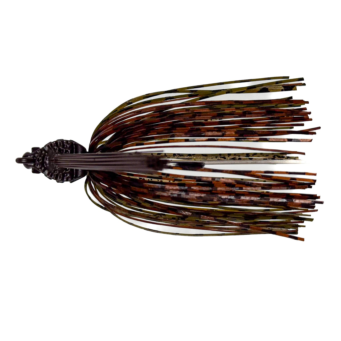 Fishing lure with a camouflaged pattern on a white background
