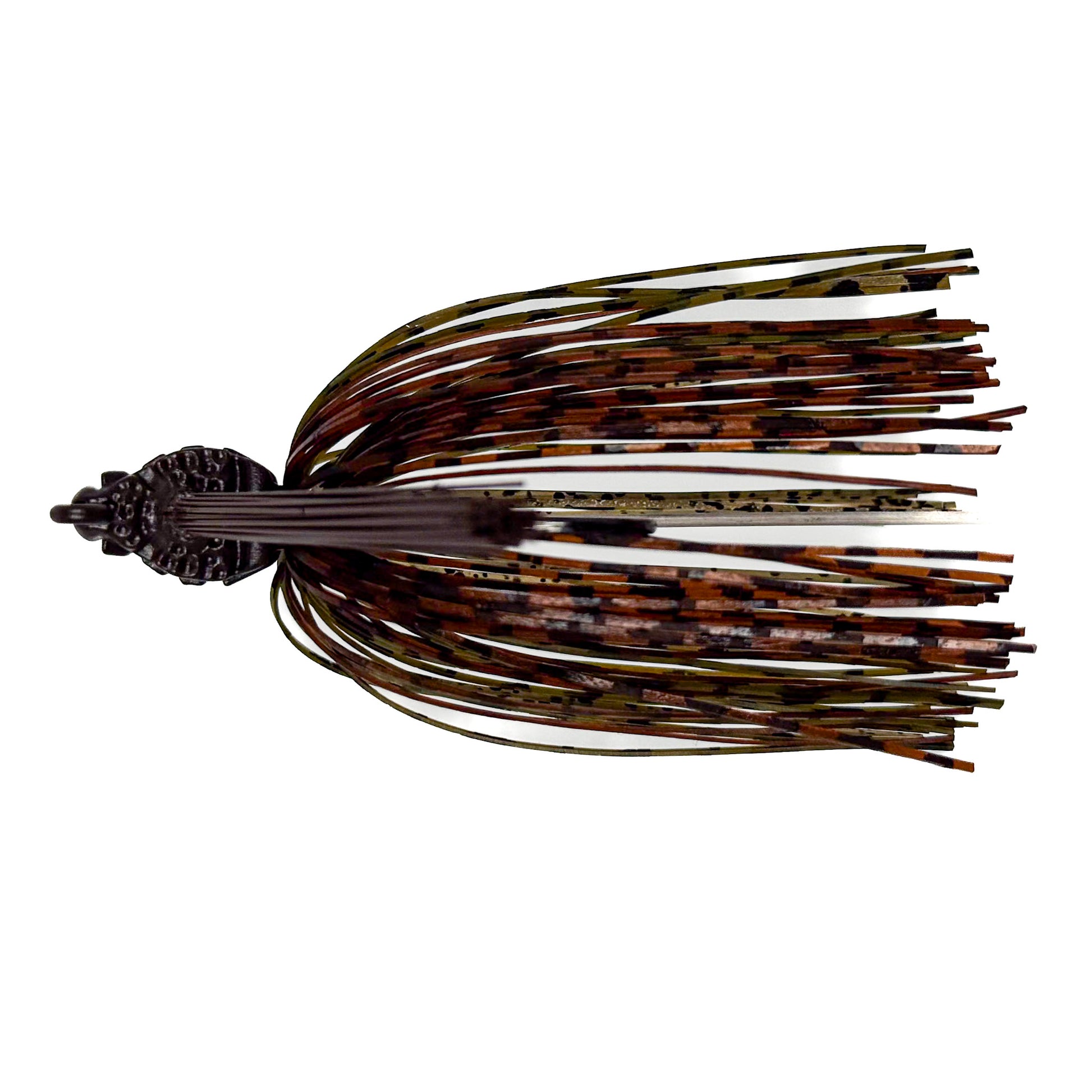 Fishing lure with a camouflaged pattern on a white background