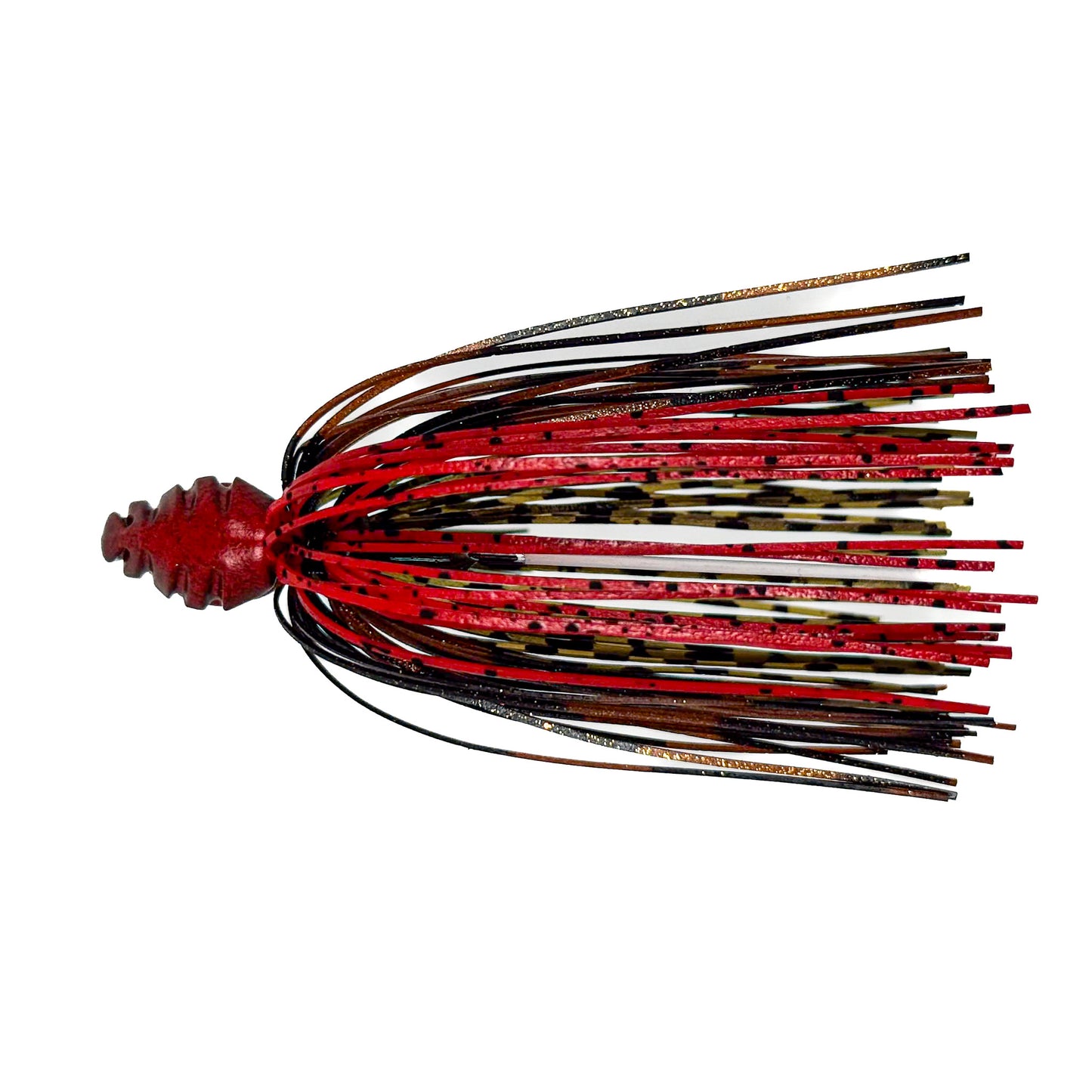 Fishing lure with red and black skirt on a white background