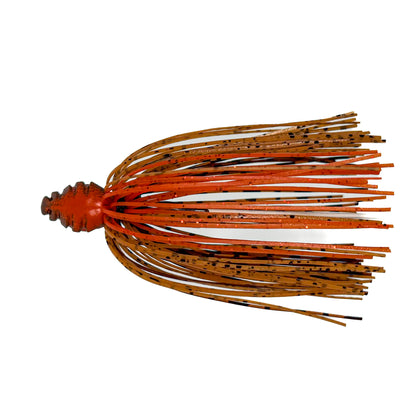 Fishing lure with orange and brown skirt on a white background